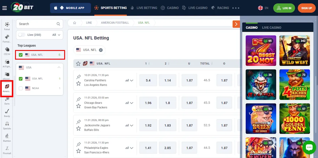 20Bet American Football NFL Betting Screenshot